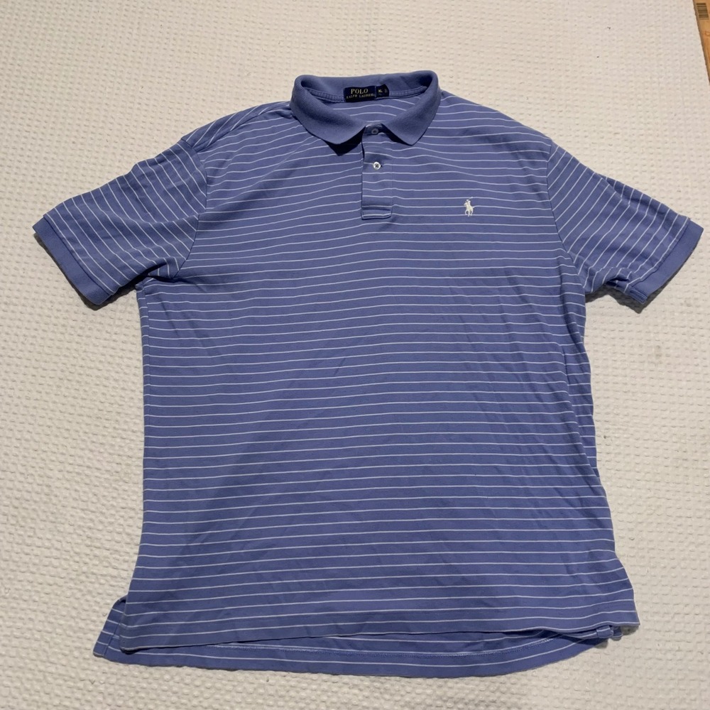 Polo Ralph Lauren Mens XL Blue White Striped Short Sleeve Cotton Polo Shirt